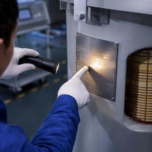 Quality inspector checking dry-type transformer nameplate ratings with flashlight