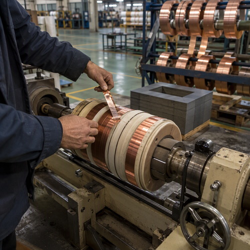 Copper winding of a pad mounted transformer during factory assembly