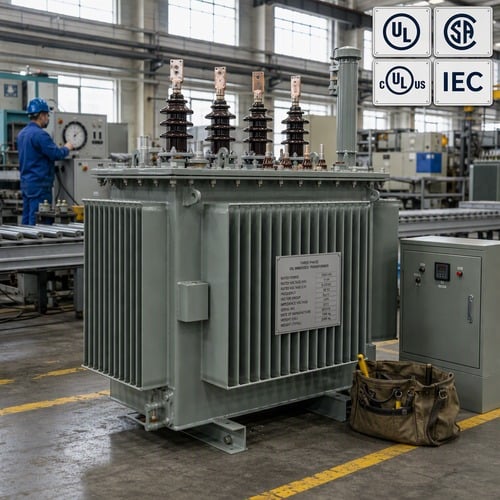 Three-phase oil-immersed distribution transformer on a factory test floor with UL, CSA, cULus and IEC certification marks
