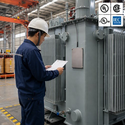 Engineer verifying transformer nameplate against checklist in factory