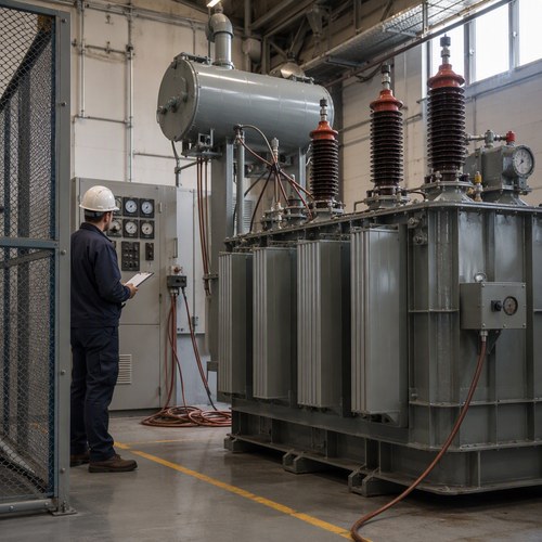 Three phase transformer under routine factory testing in a Ryan Electric high voltage test bay
