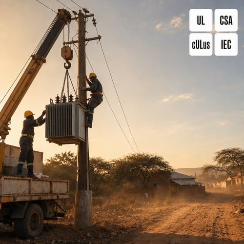 Utility crew installing a pole mounted transformer on a rural distribution pole at golden hour