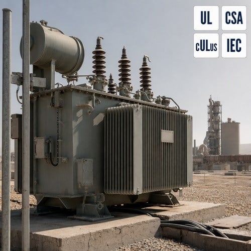 Oil immersed transformer installed in a cement plant electrical yard with preheater tower in the background