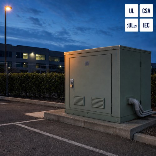 Three-phase pad mounted transformer at a commercial site at dusk, supplied by a pad mounted transformer manufacturer