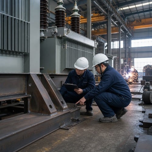 Engineers inspecting the welded base frame and anchorage bracket of a transformer, shore power transformer base frame check