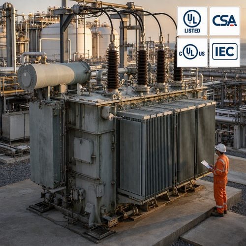 Coastal LNG terminal switchyard with an oil immersed power transformer, UL / CSA / cULus / IEC certification badges