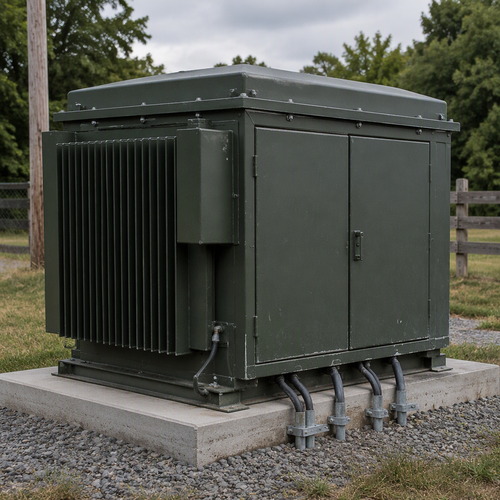 Pad mounted transformer price drivers shown on a three-phase unit installed on a utility concrete pad