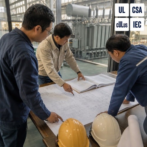 EPC engineers reviewing substation transformer drawings and a single line diagram in a factory meeting room