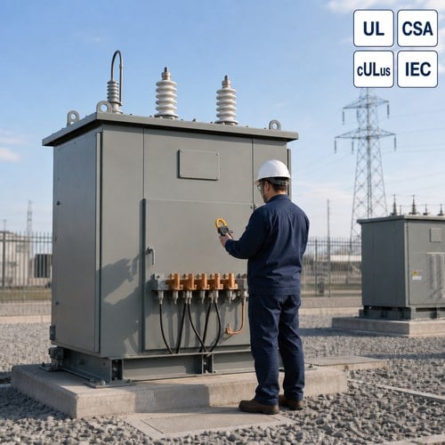 Grounding transformer substation inspection — engineer checking a zigzag grounding transformer with a clamp meter
