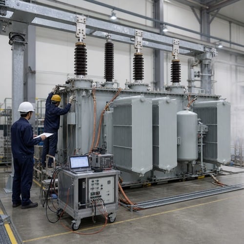 110 kV three phase oil immersed substation transformer in a factory test bay during routine testing