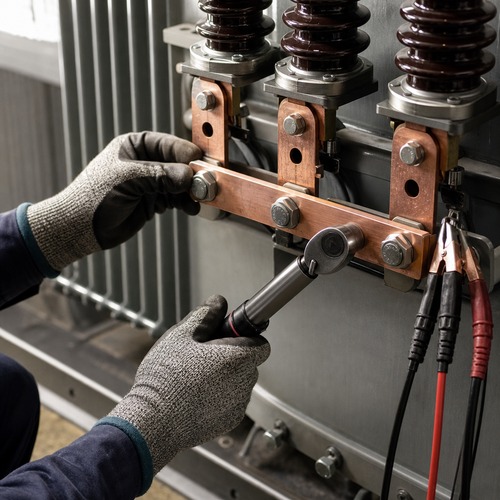 Technician torqueing the bolted shorting bar across low-voltage transformer terminals during a short-circuit impedance test