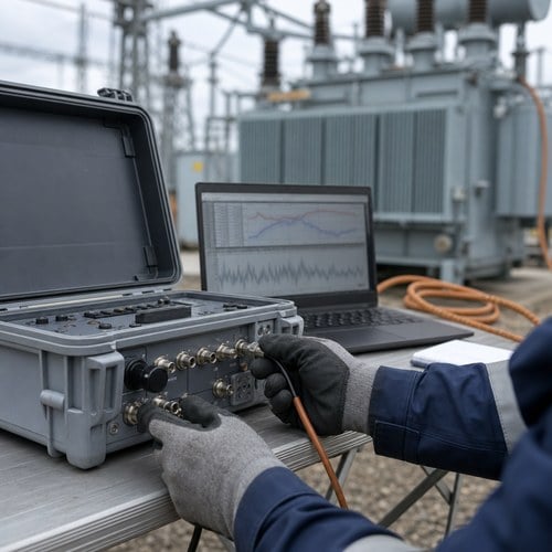 Portable SFRA test instrument and frequency response traces beside a power transformer