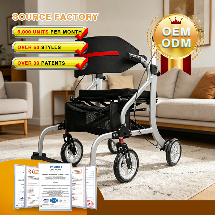 Compact Versatile Lightweight Rollator Crafted from Durable Aluminum Alloy with Side-To-Side Folding Design