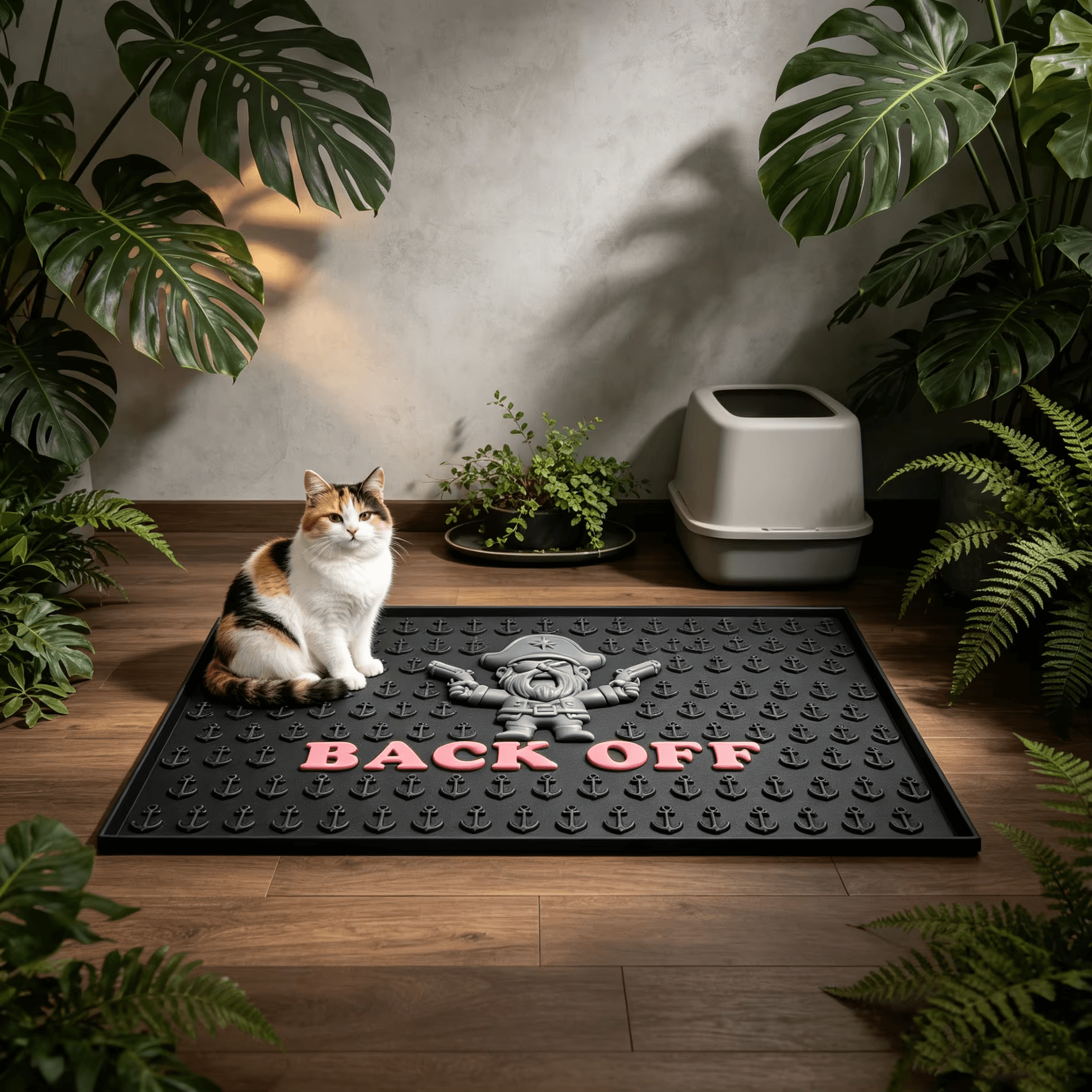 Pirate theme rubber cat litter mat with anchor pattern and character design