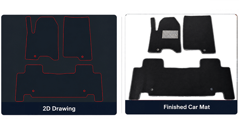 2D CAD drawing and physical sample for custom car floor mat production