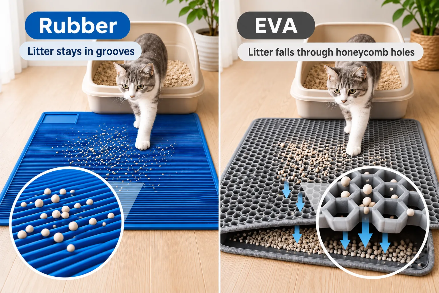 Rubber vs EVA cat litter mats showing different litter-trapping designs.
