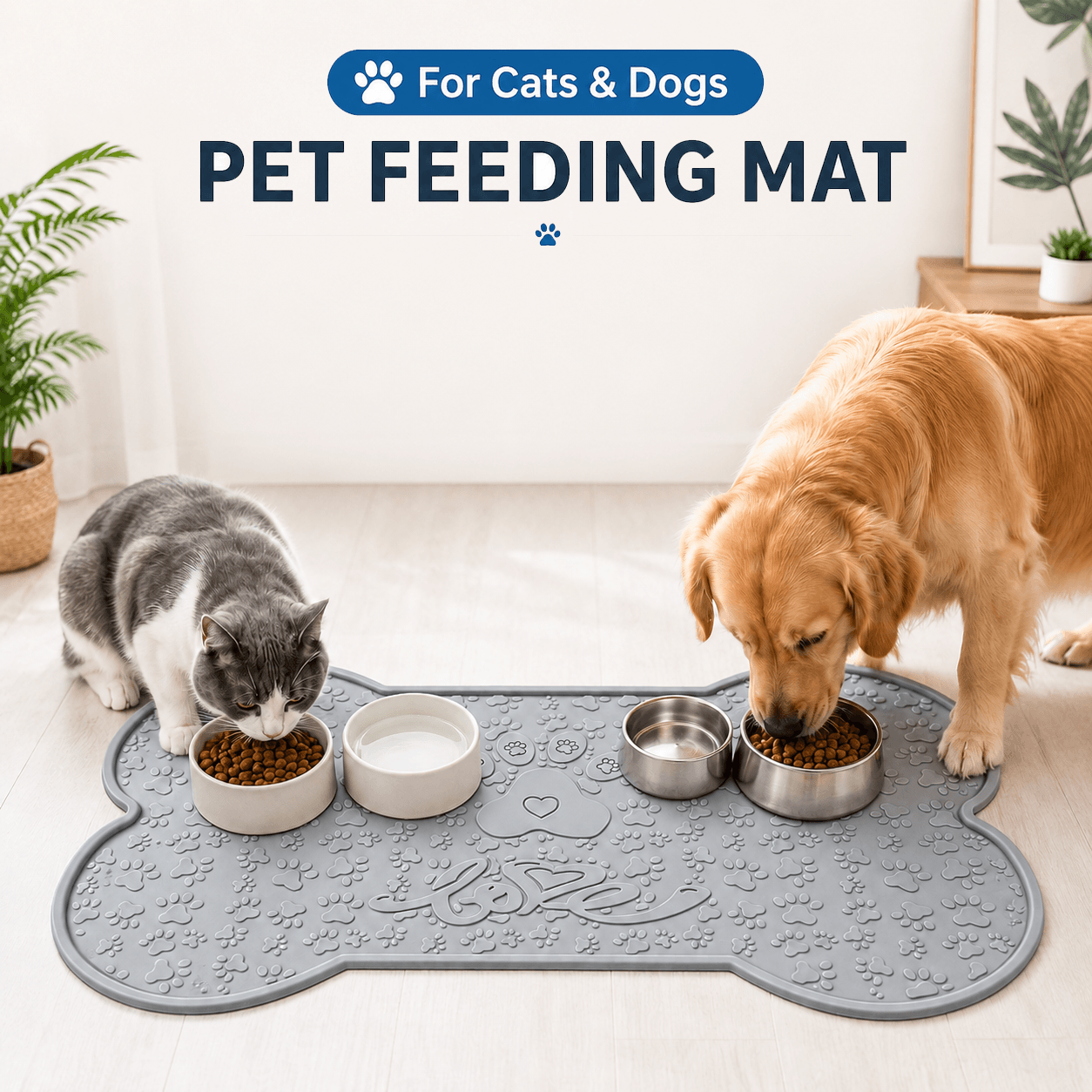 BPA free rubber dog food mat used under pet food and water bowls