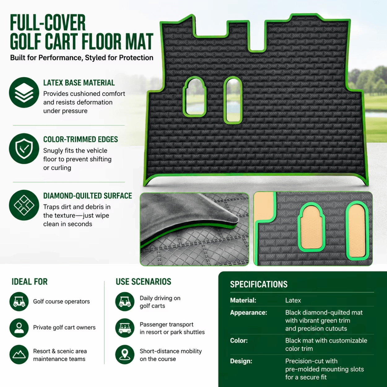 Golf Cart Floor Mat | Waterproof Rubber Grid Texture Mat