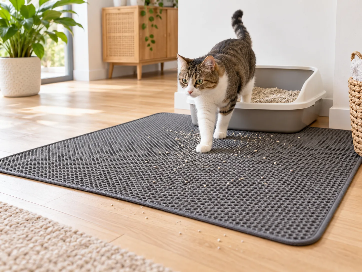 open litter box with large cat mat.webp