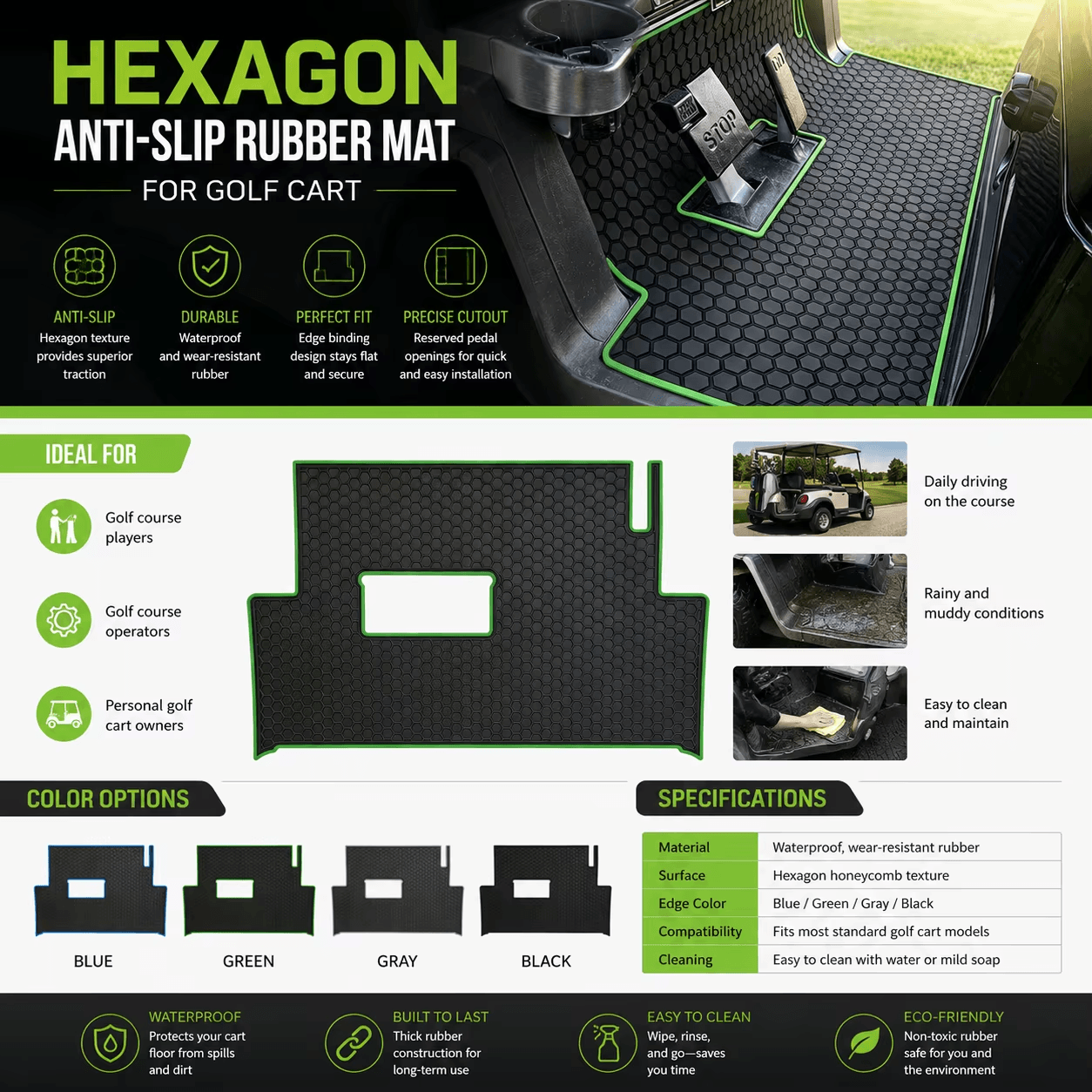 Golf Cart Floor Mat | Waterproof Rubber Honeycomb Mat