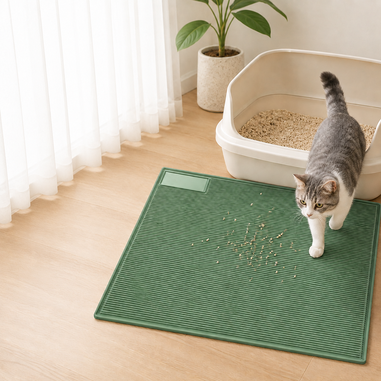 Striped rubber cat litter mat placed under litter box with cat using