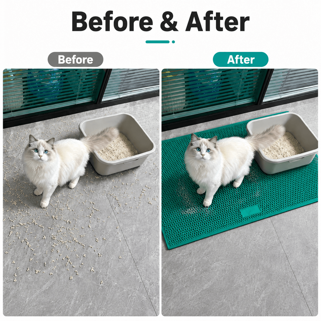 Rubber honeycomb cat litter mat before and after use to prevent litter tracking and keep floors clean