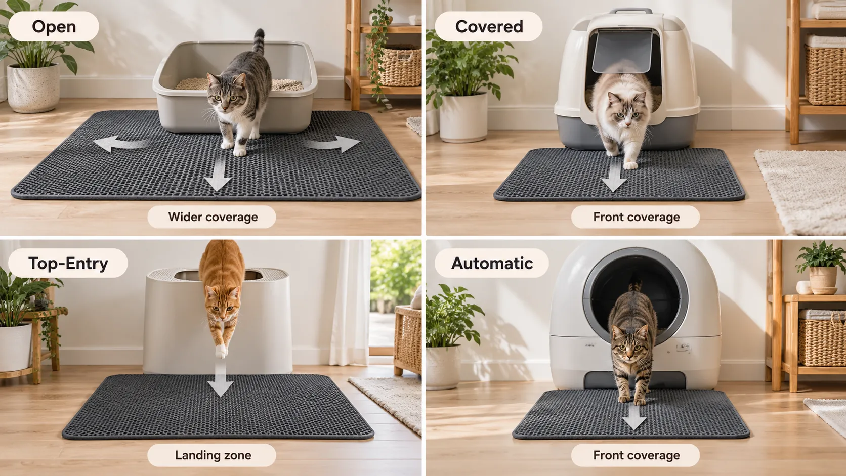 Different types of cat litter boxes including open covered and automatic designs