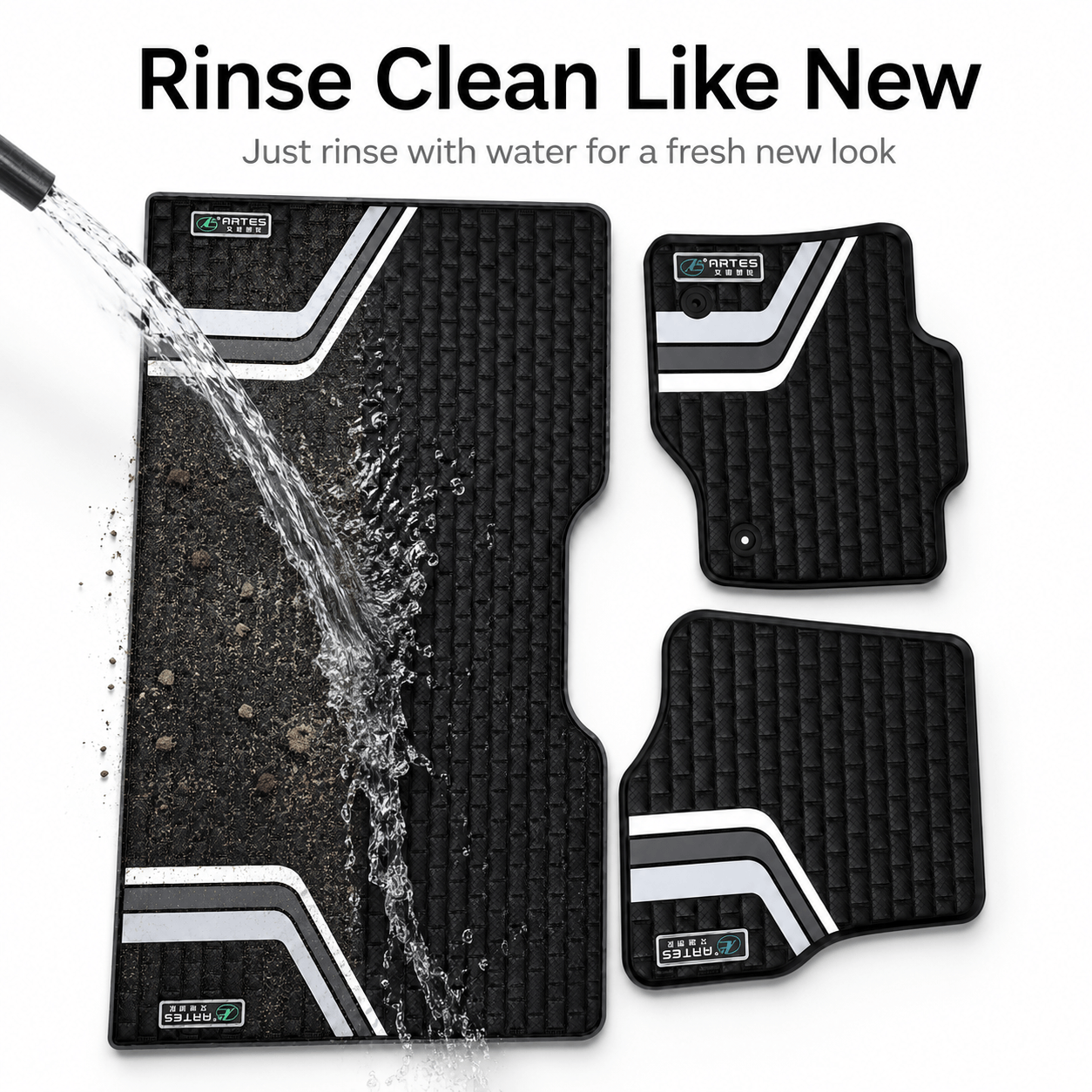 Washable rubber car mat being rinsed with water for easy cleaning and maintenance