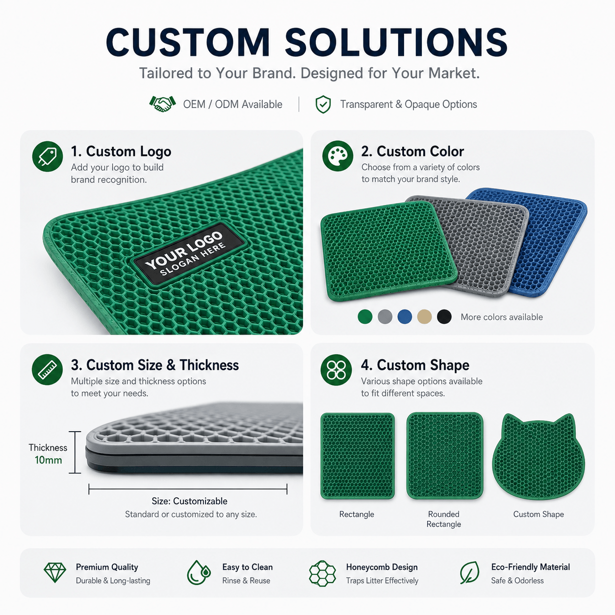 Custom rubber honeycomb cat litter mat solutions logo colors sizes shapes