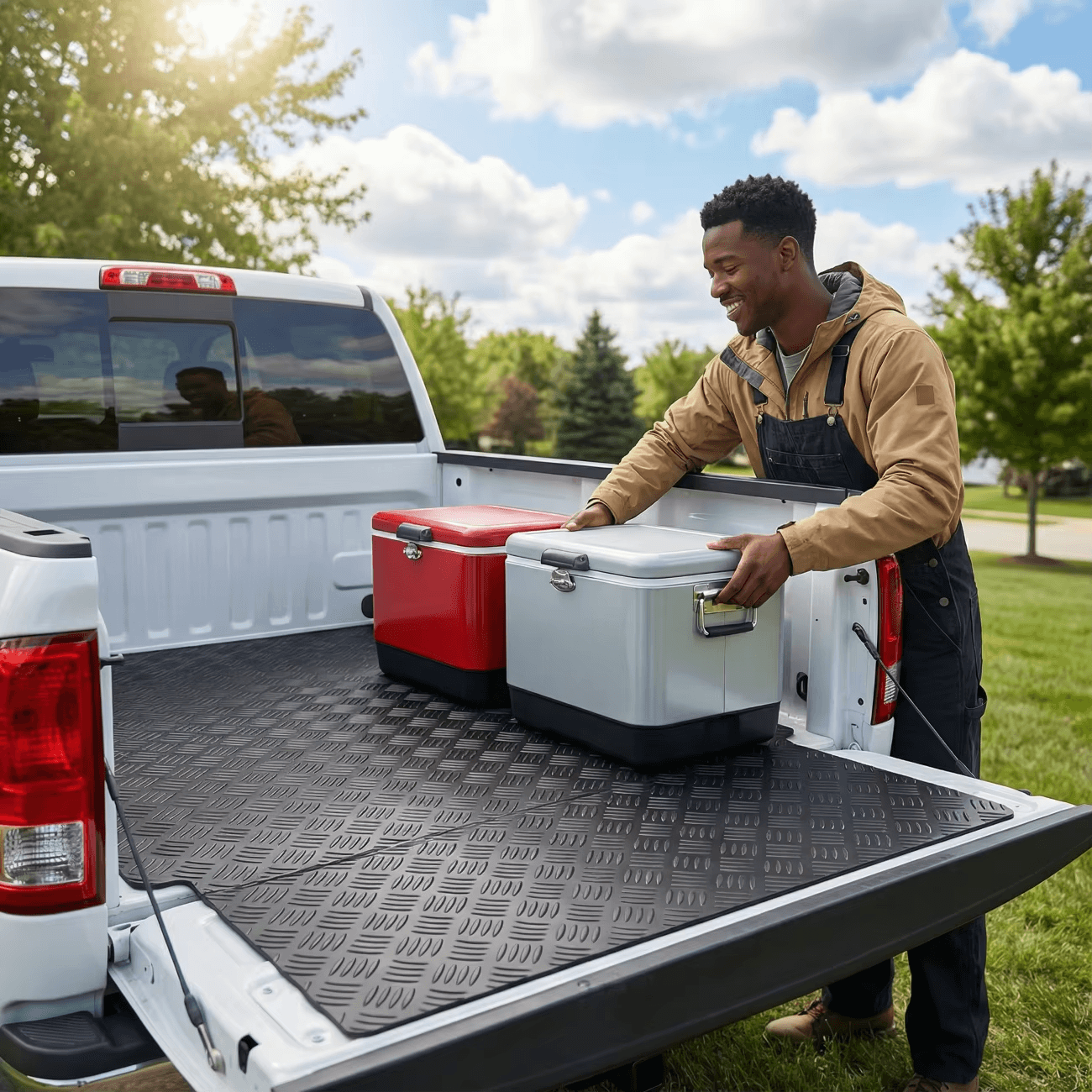 Black PVC truck bed mat with diamond plate texture protecting a pickup bed