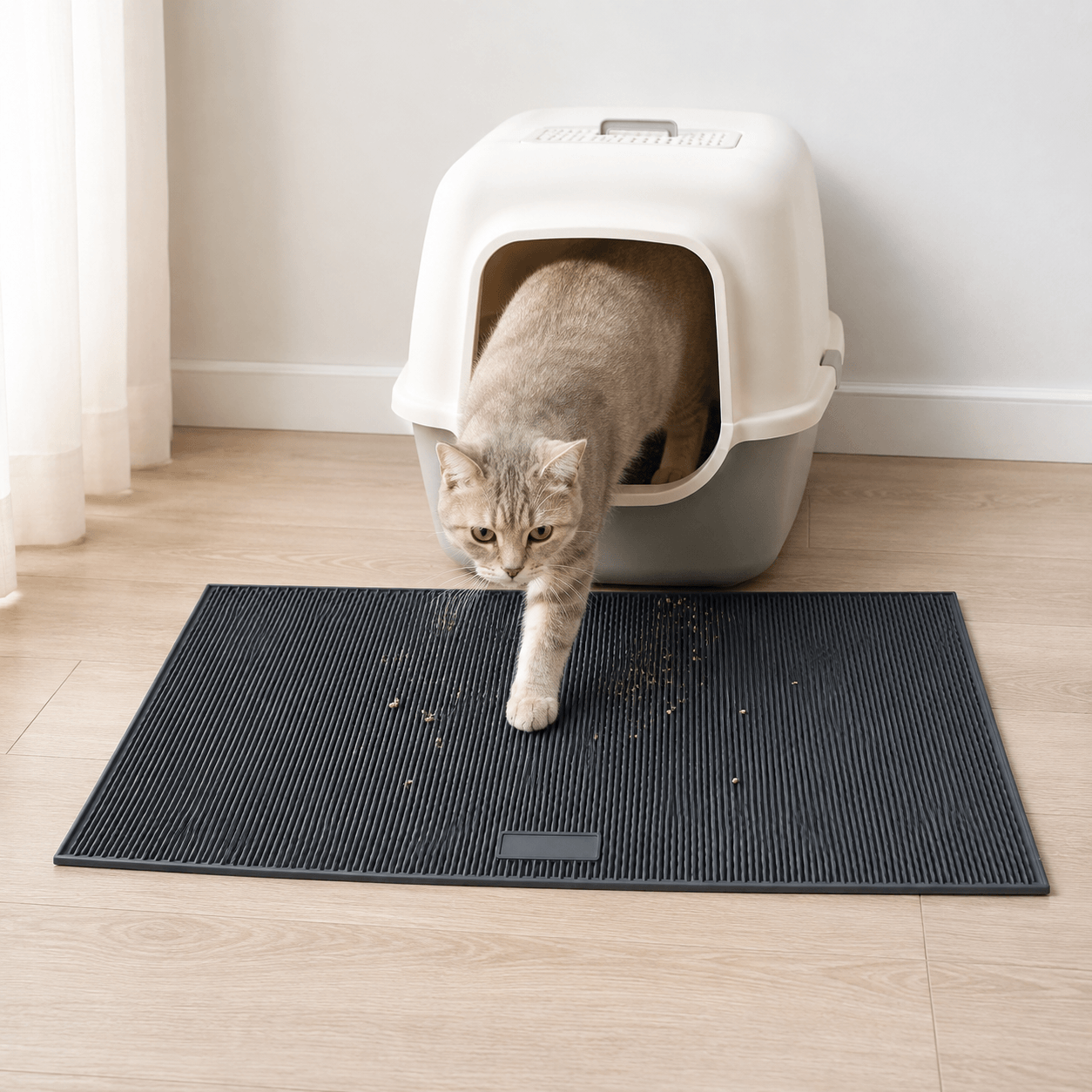 wave texture rubber cat litter mat in front of litter box