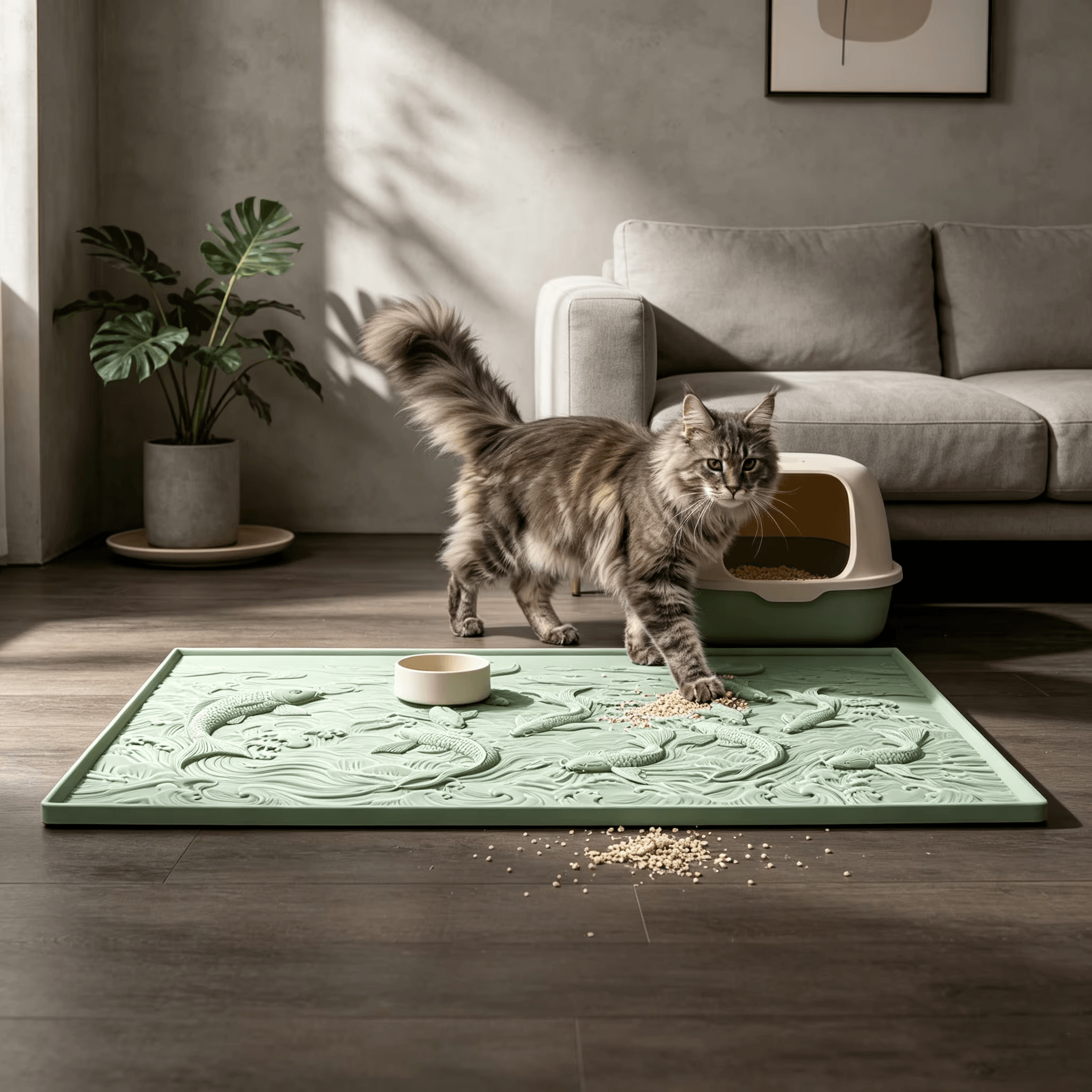Large koi fish pattern rubber cat litter mat with decorative water wave design