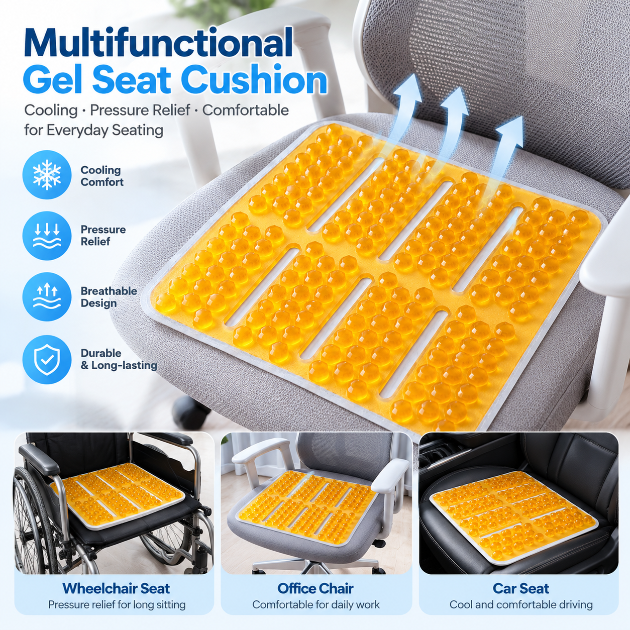 Breathable Cooling Gel Seat Cushion for Wheelchair, Office Chair and Car Seat – Soft Pressure Relief & Shock Absorption