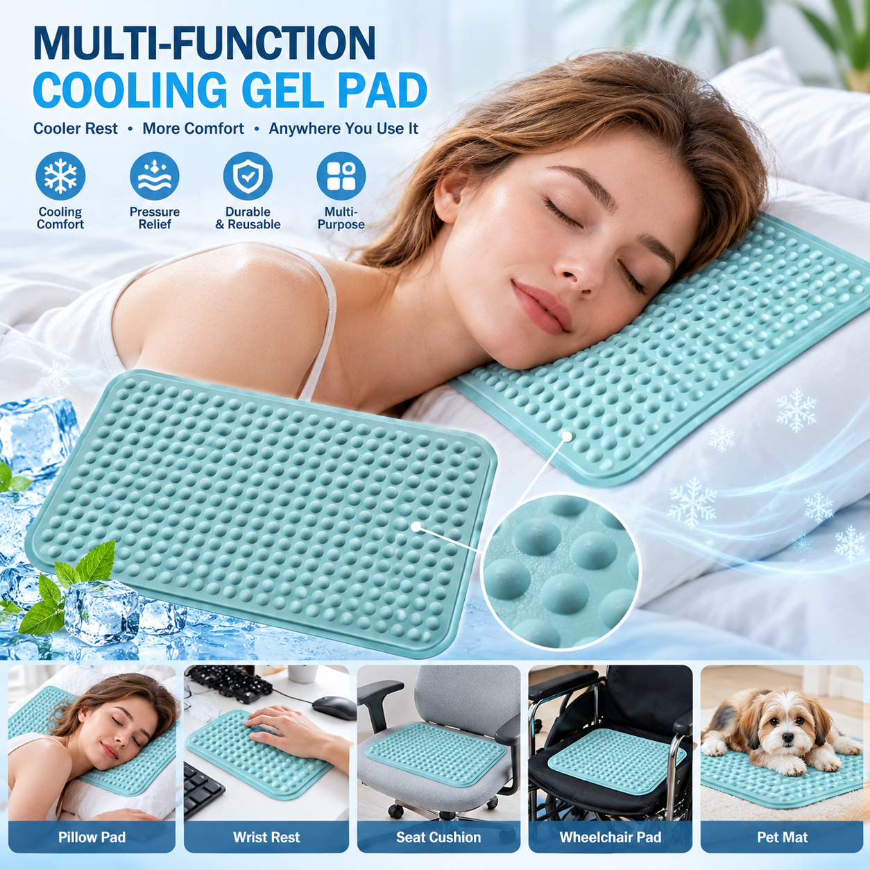 Pillow Gel Pad, Multi-Purpose Cooling Gel Pad for Pillow, Seat Cushion & Wrist Support