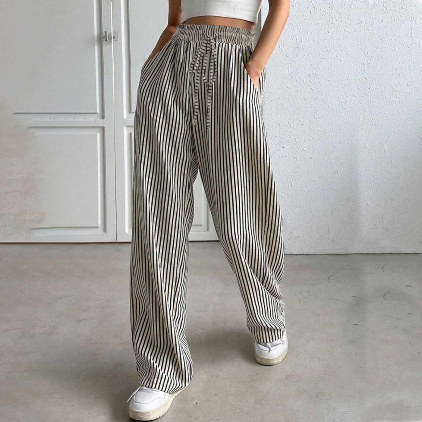 Dropshiping Wholesale Striped Casual Elastic Waist Loose Straight Women's Pants Sehe Fashion