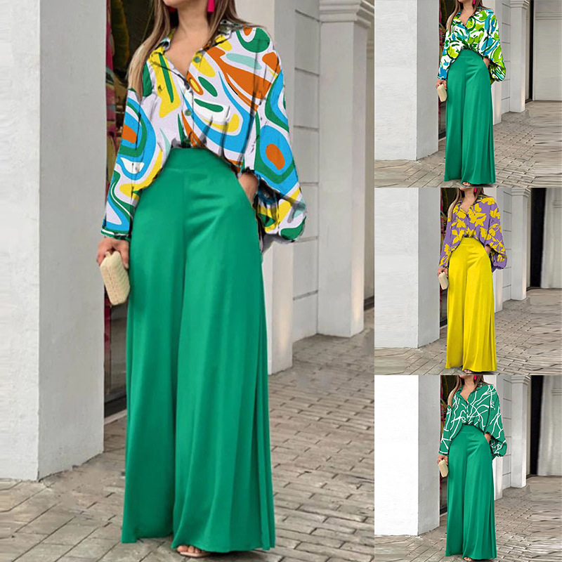 Dropshipping Women's Plus Size Two-Piece Set Casual Loose Large Lapel Shirt & High Waist Flare Pants With Custom Logo Decoration