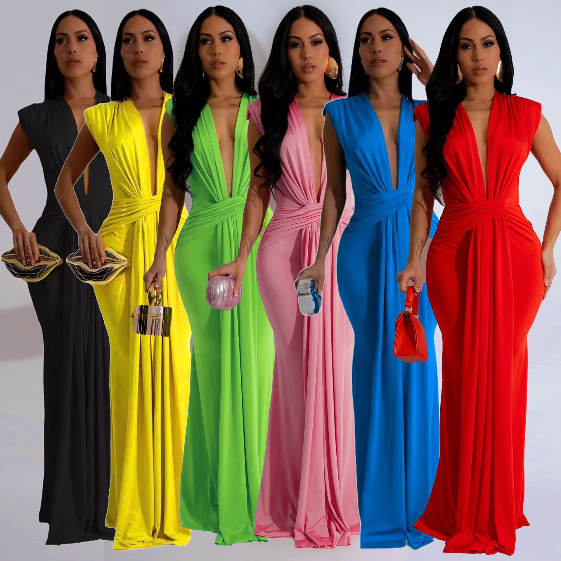 Dropshiping 2025 Fashion Sexy Deep V Neck Casual Dress Hot Sell Elegant Bodycon Dress Floor Length Sleeveless Ladies Dress