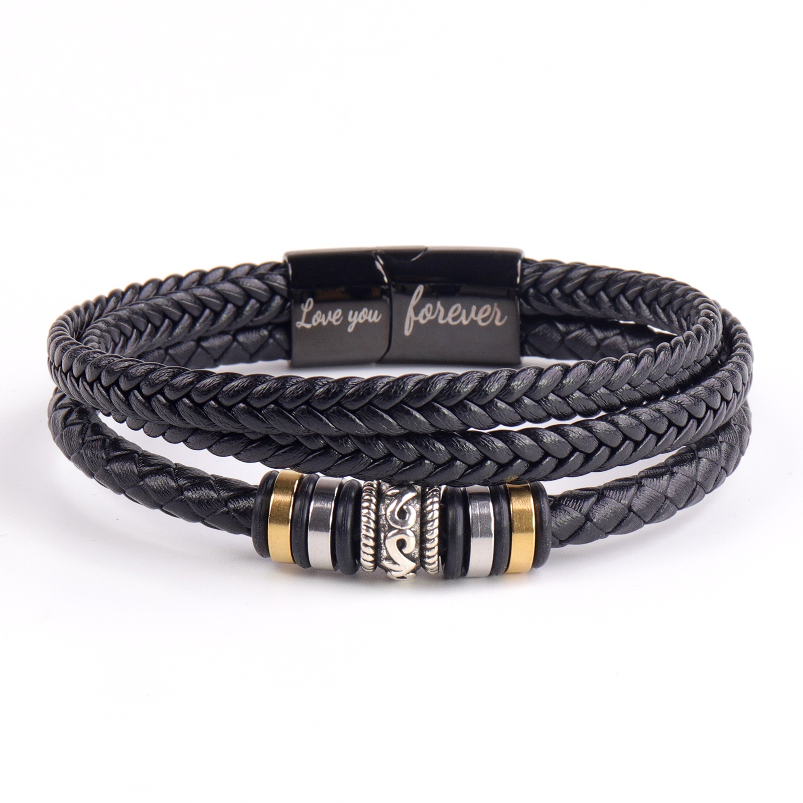 Dropshipping 2025 Custom Cards DIY Leather Bracelet Love You Forever Stainless Steel Magnetic Clasp Braided Leather Bracelet