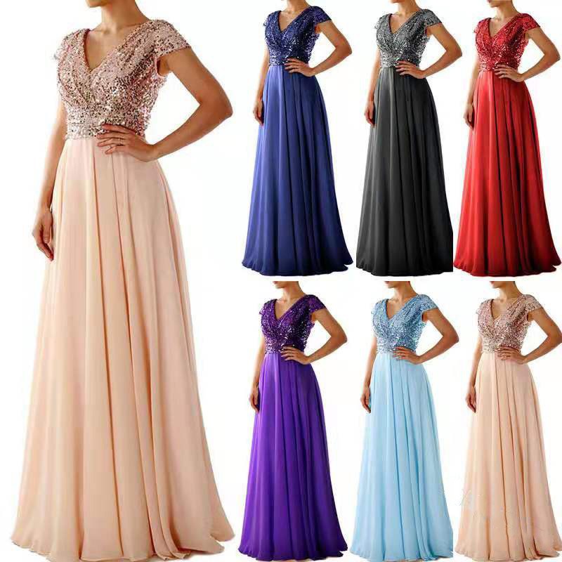 Dropshipping Women's V-neck Sequin Patchwork Elegant Formal Long Gown Evening Dresses