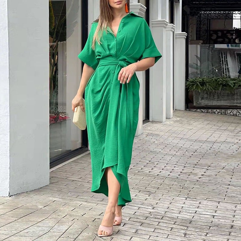 Fashion Dress Women Lapel Mid Length Short Sleeve Single Breasted Solid Color High Waist Elegant Shirt Dresses