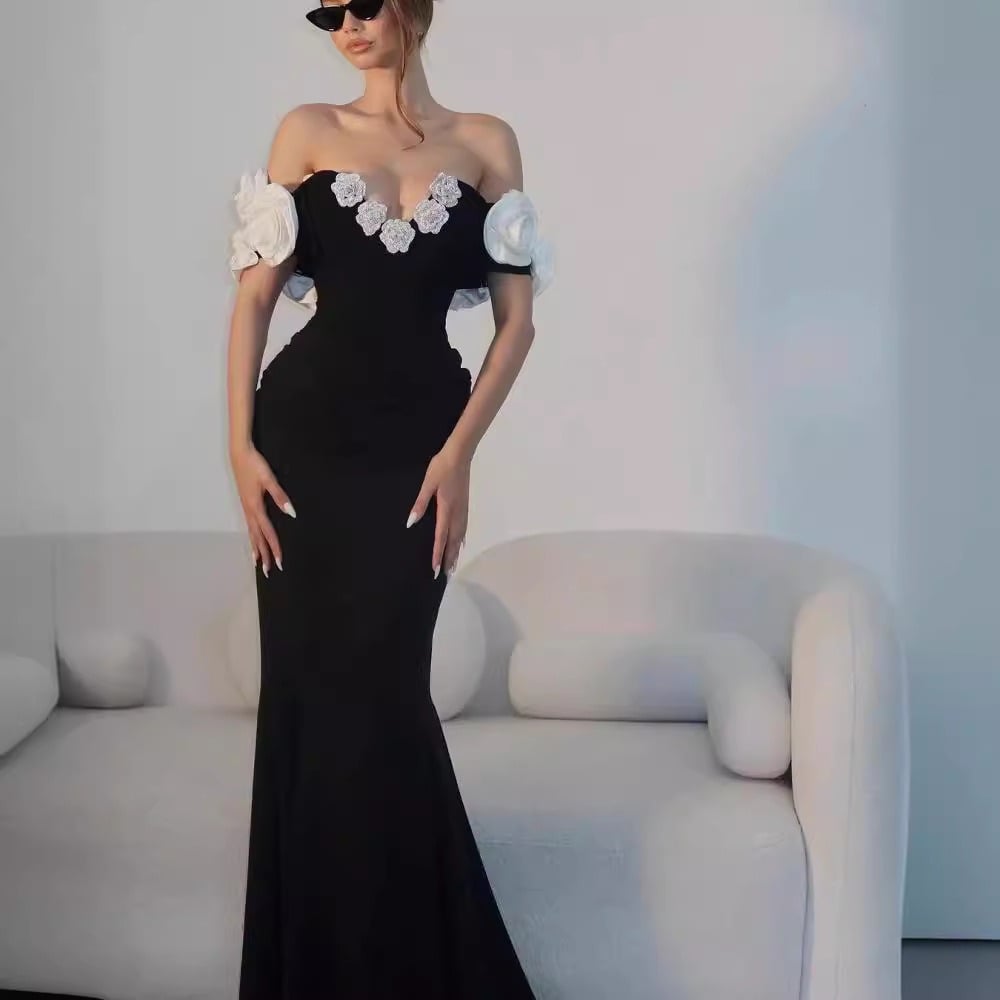 Dropshipping Evening Dress Elegant Splicing 3D Flowers Bandage Maxi Dress Sexy Off Shoulder Sleeveless Women Celebrity Party Dresses