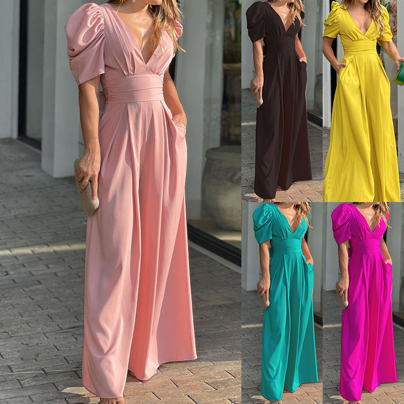Dropshiping Women's Elegant Loose One Piece Jumpsuit V-Neck Wide Leg High White Solid Color Spring Summer Fall Collection Featuring Hollow