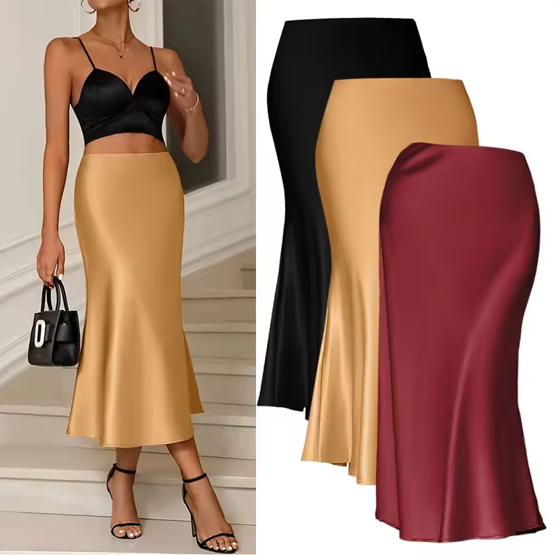 Dropshiping 2025 Summer Hot New Style Silk Satin Skirt High Quality Slim Fit Simple A- Line Women Long Skirt