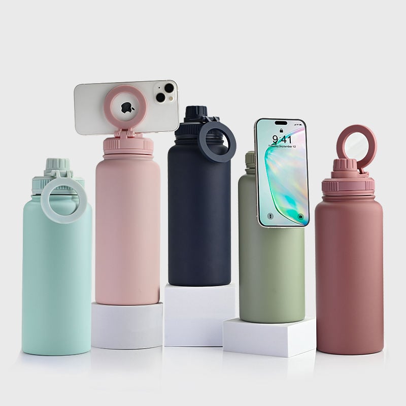 Dropshipping Custom Sports Vacuum Flask Travel 32oz 1L Stainless Steel Gym Tumblers Insulated Magnetic magsafe Water Bottle with Phone Holder