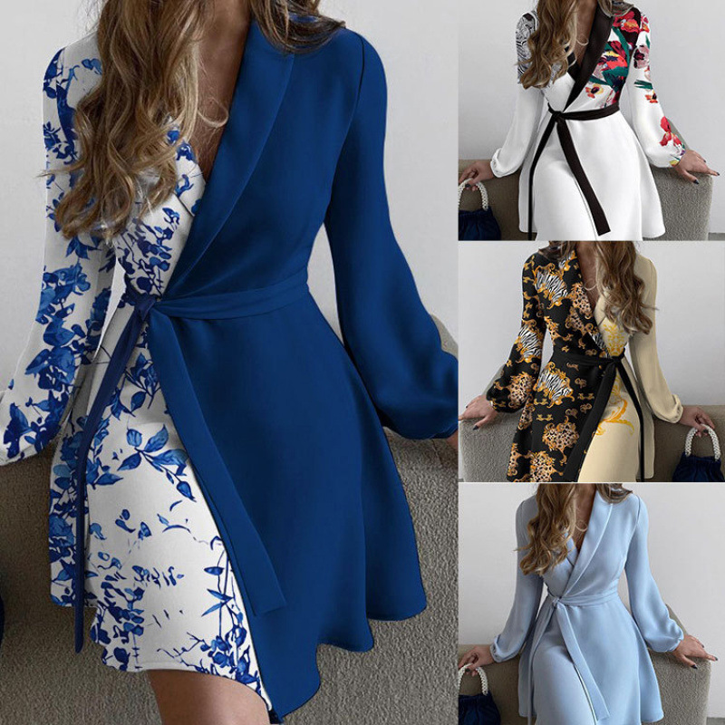 Dropshipping Women's Spring and Autumn New Daily Casual Lapel Printing Simple Fashion Temperament Slim-fit Women's Dress