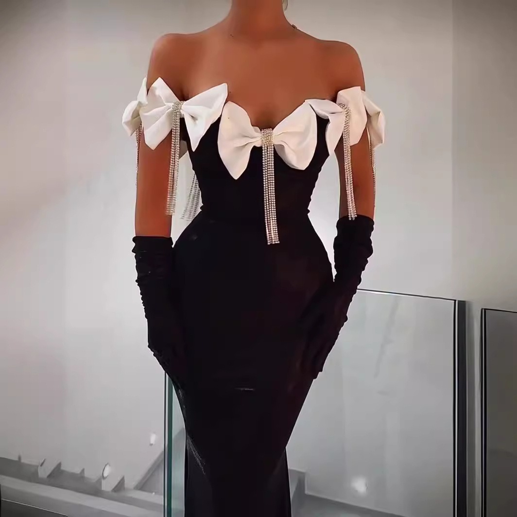 Dropshpping Bow One Shoulder Dress Woman Birthday Elegant Black Evening Prom Dinner Dresses Back Slit Woman Dresses