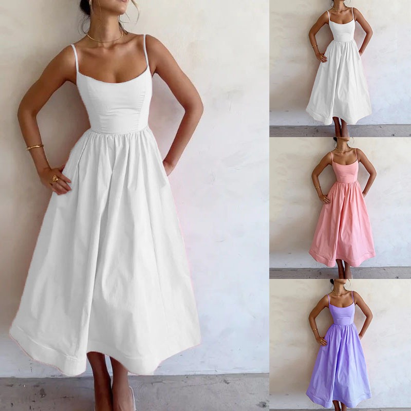 Dropshipping 2025 Summer Dress New European and American Women's Pure Color Printed Fresh Sweet Sexy Long Strap Dress