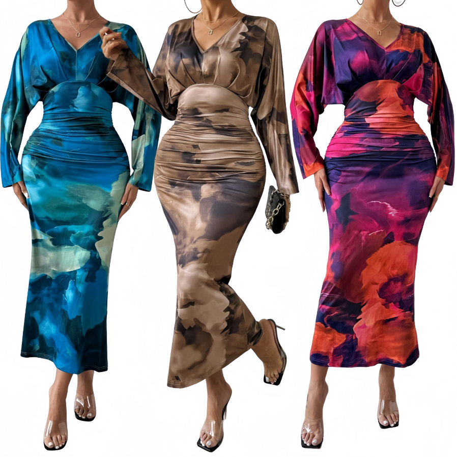 Dropshipping Women Print Maxi Dress Long Sleeve V-neck High Waist Lady Elegant Ruched Party Dress Women's Sexy Slim Dress