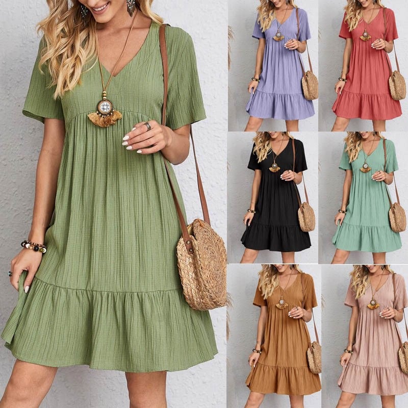 Dropshipping Wholesale Women Summer Short Sleeve Pleated Loose Dresses V-neck A-line Soft Beach Vacation Casual Dress