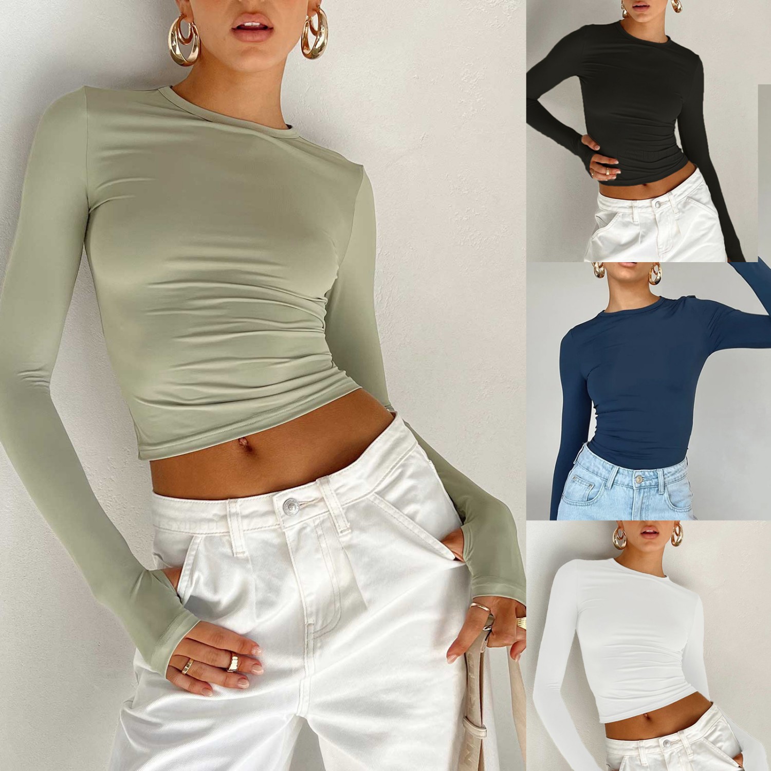Dropshipping Custom Logo Women's Fashion Quick Dry Crop Top Long Sleeve Crew Neck Solid Color Basics Slim Casual Style Knitted Fabric T-Shirt